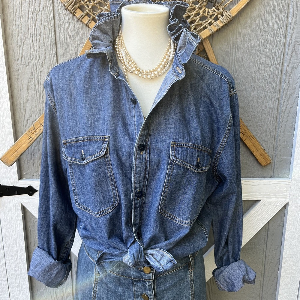 Upcycled J. Crew Jeans Denim Ruffle Collar Coastal Cowgirl Long Sleeve Shirt L